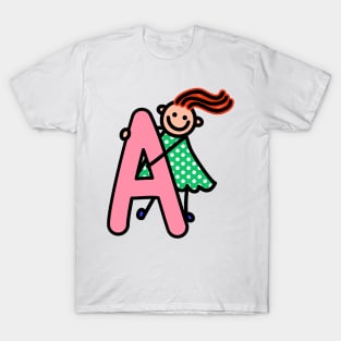 Letter A for girls alphabet Kids Colorful Cartoon Character T-Shirt